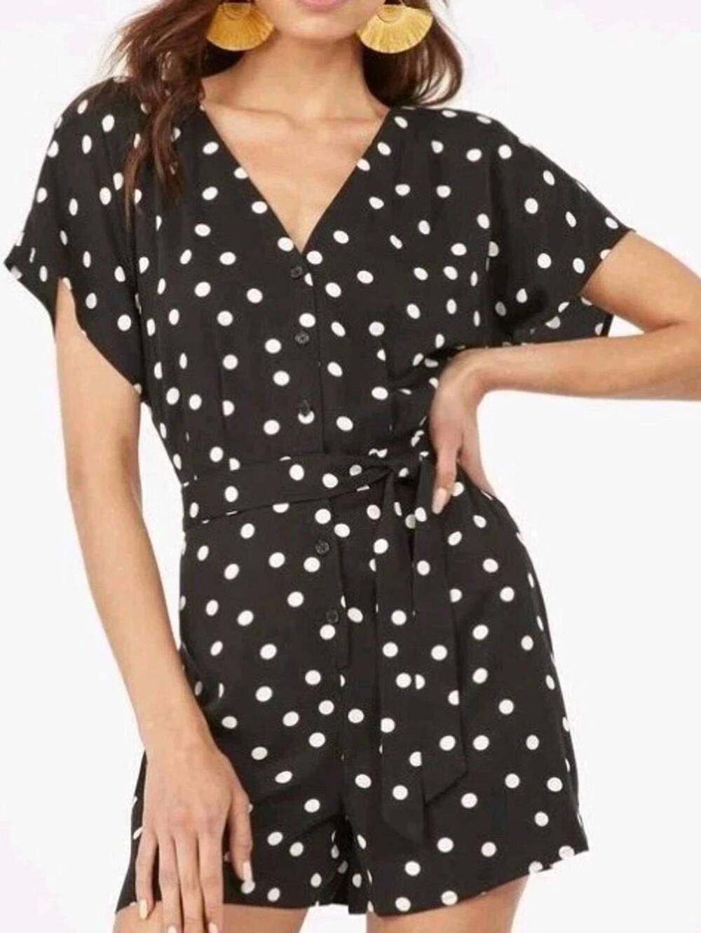 Justfab Large Black White Polka Dot Button Front Rayon Pine-Up Tie Back Romper